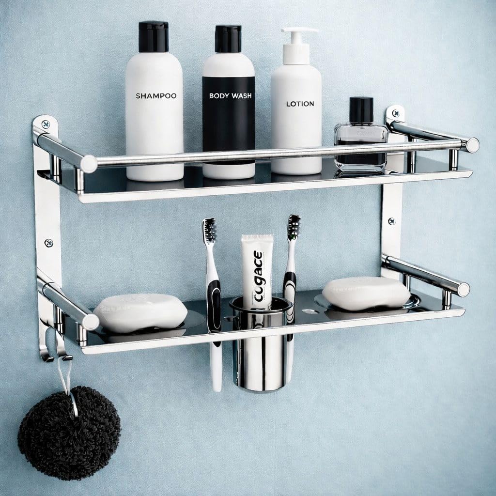Oslen Stainless Steel 2 Layer Wall Mounted Bathroom Rack and Shelf Bathroom Storage Racks and Shelves Washroom Basin Double Soap Dish and Tumbler Holder Soap Holder Bathroom Accessories