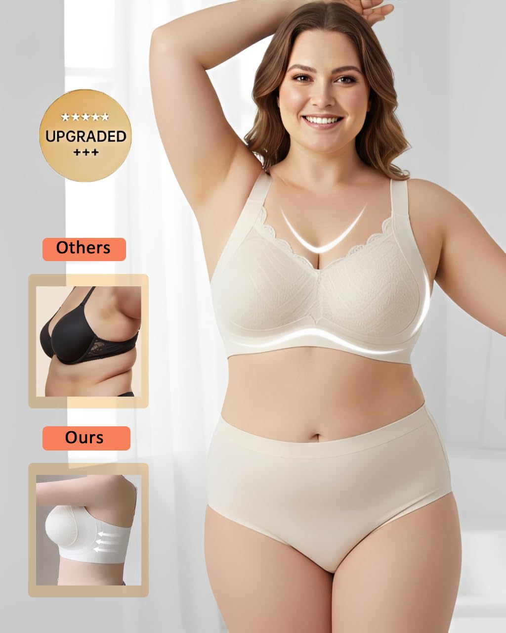 Reggiseno da donna liscio senza ferretto per donne Supporto completo senza ferretto imbottito scollo a V t-shirt confortevole reggiseno regolabile, Nude, M