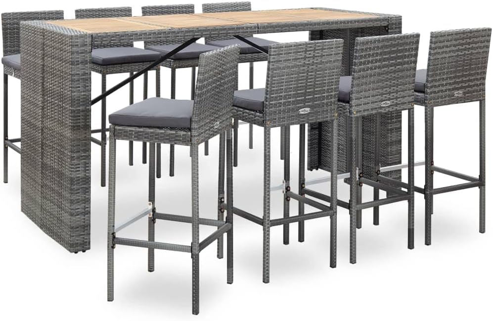 vidaXL 5-Piece Patio Bar Set- Poly Rattan and Acacia Wood Construction, Black - Complete Outdoor Entertainment with Vintage-Styled Table, Elegant Chairs, Cushioned Seats