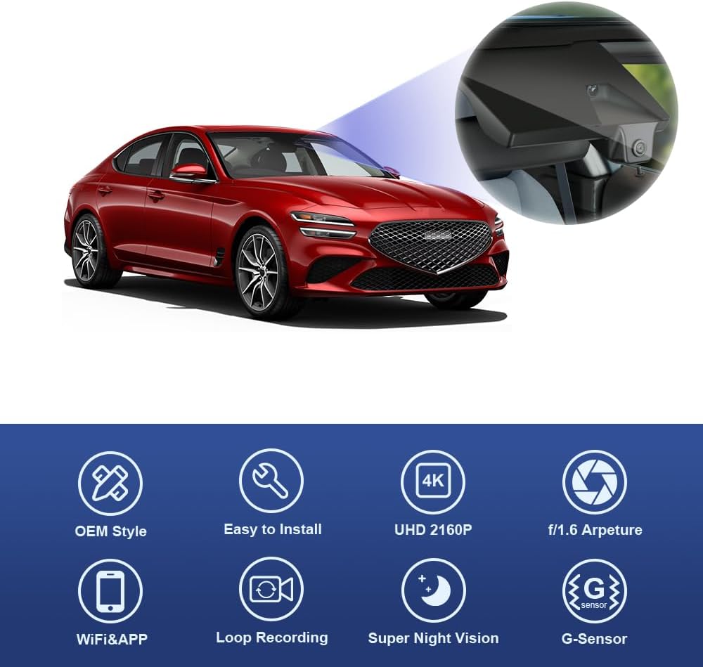 Fitcamx 4K Dash Cam Suitable for Genesis G70 2019-2026 (Part No Ends with #G9600), OEM Factory Look, UHD 2160P Video, Built-in WiFi & APP, Loop Recording, Gravity Sensor, Plug & Play, 64GB Card