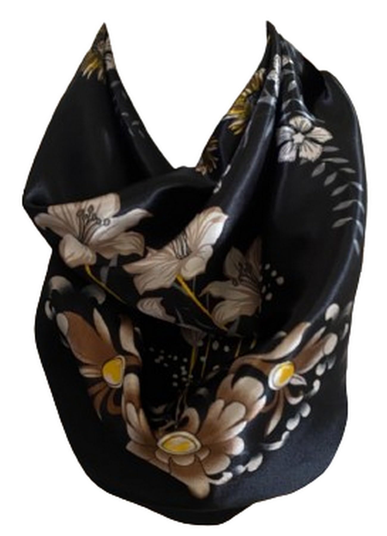 Self Embossed Floral Print Silk Satin Square Bandana Neck Scarf, Head Scarves, Neckerchief (Black)