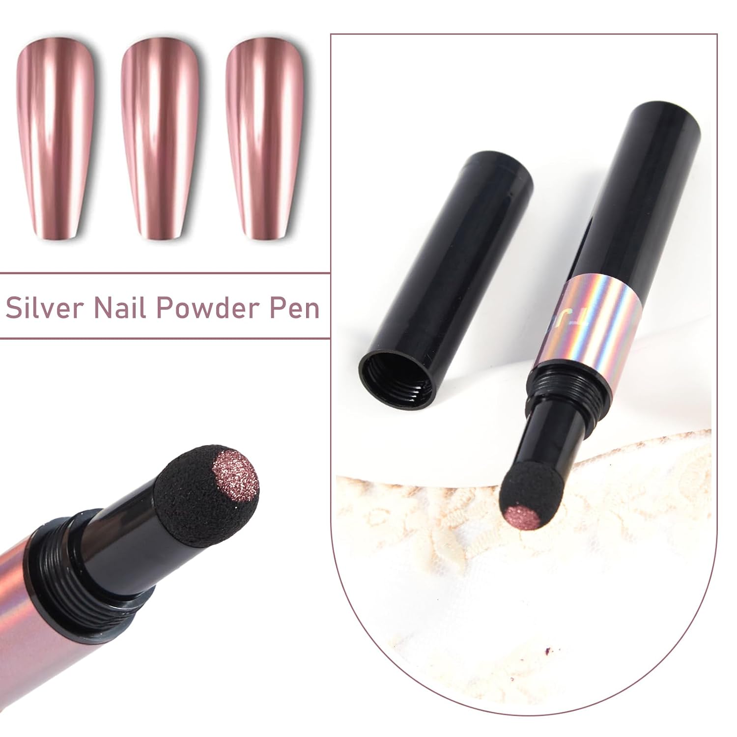 Laser Phantom Series 2 Colors Red & Pink Chrome Nail Powder Pen – Holographic Mirror Effect Magic Powder Manicure Cushion Pen for Nail Art