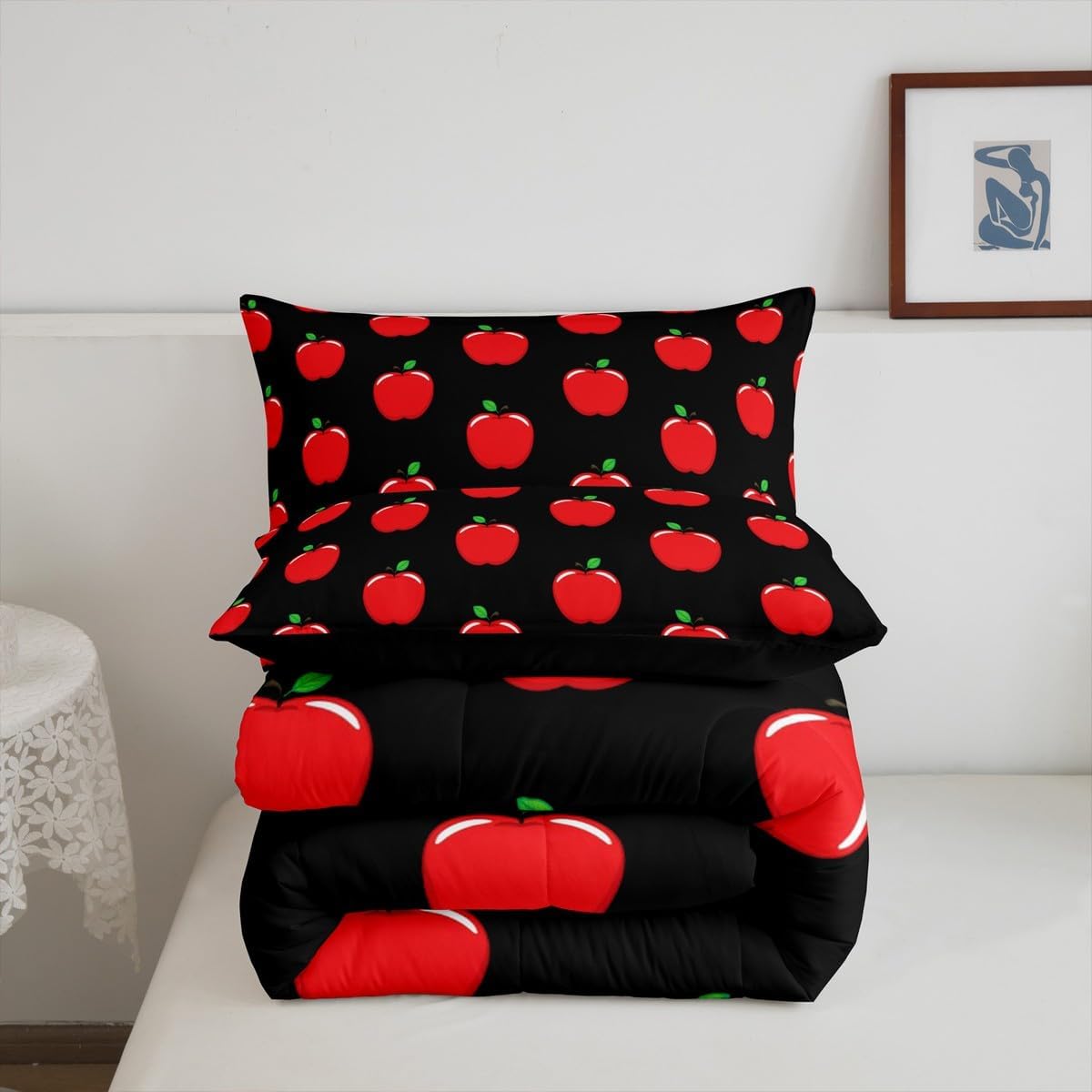 Cartoon Apple Kids Toddler Bedding Set 2 Pcs,Cute Red Apples Decorative Comforter Set for Boys Girls Teens,Lovely Fruits Print Simple Hippie Quilted Comforter with 1 Pillowcase