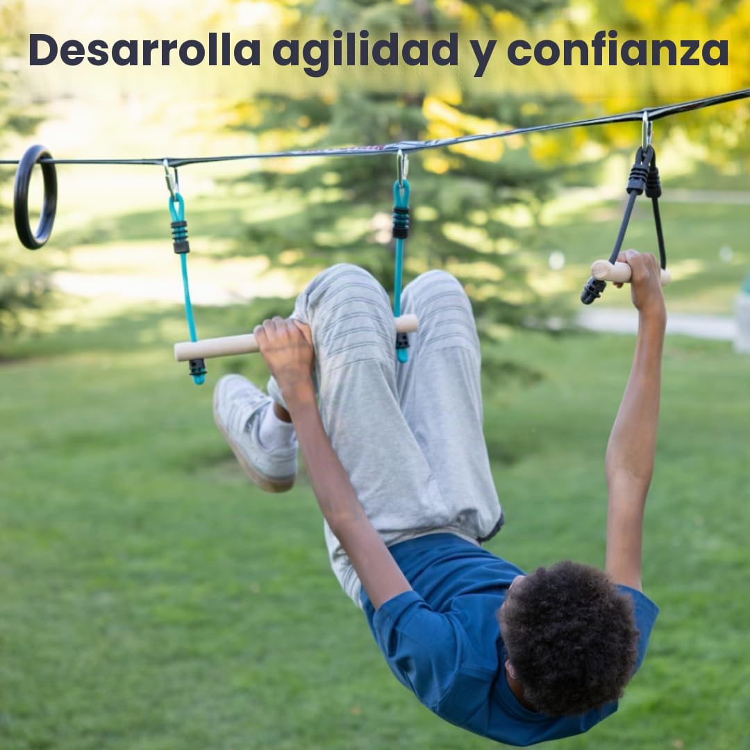 Slackers Ninja Line Starter Set - Recorrido Colgante al Aire Libre & Slackline para niños Mayores de 5 años- Juego Completo con 11 m de Slackline, 7 obstáculos, trinquete & Bolsa de Transporte