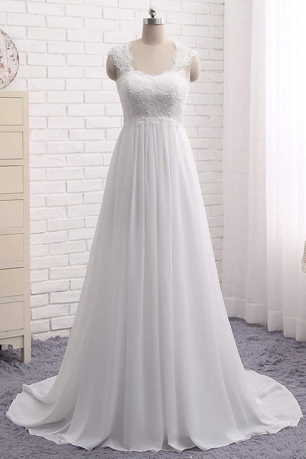 Lungo Elegante Chiffon Pizzo Abiti da Sera Abiti da Sposa Senza Maniche, Avorio, 50