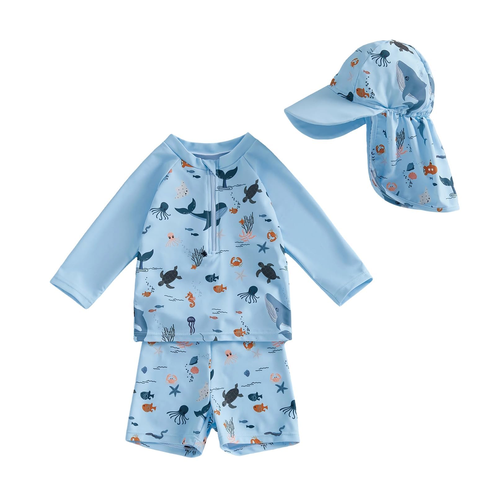 UV Schutzkleidung Kinder Bademode - Badeanzugg für Jungen - langärmelig - Rashguard - Badehose mit Mütze - 3-teiliges Set für Kleinkinder
