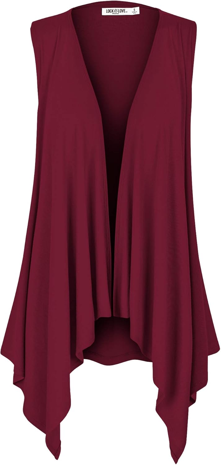 Lock and Love Women's Sleeveless Print/Solid Draped Open Front Cardigan Vest Asymmetric Hem Plus Size