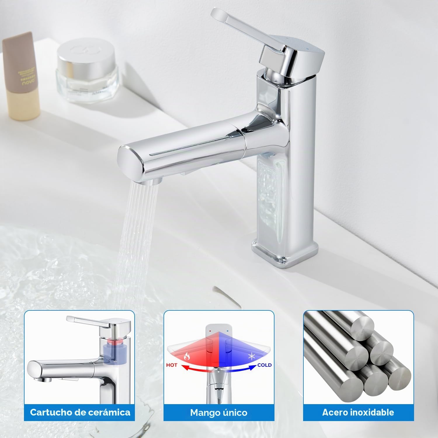 Grifo Lavabo Extraible en 2 Modos, Grifo Baño Cromado Mezclador Monomando Extensible para Hogar y Comercial, Acero Inoxidable, Diseño Moderno
