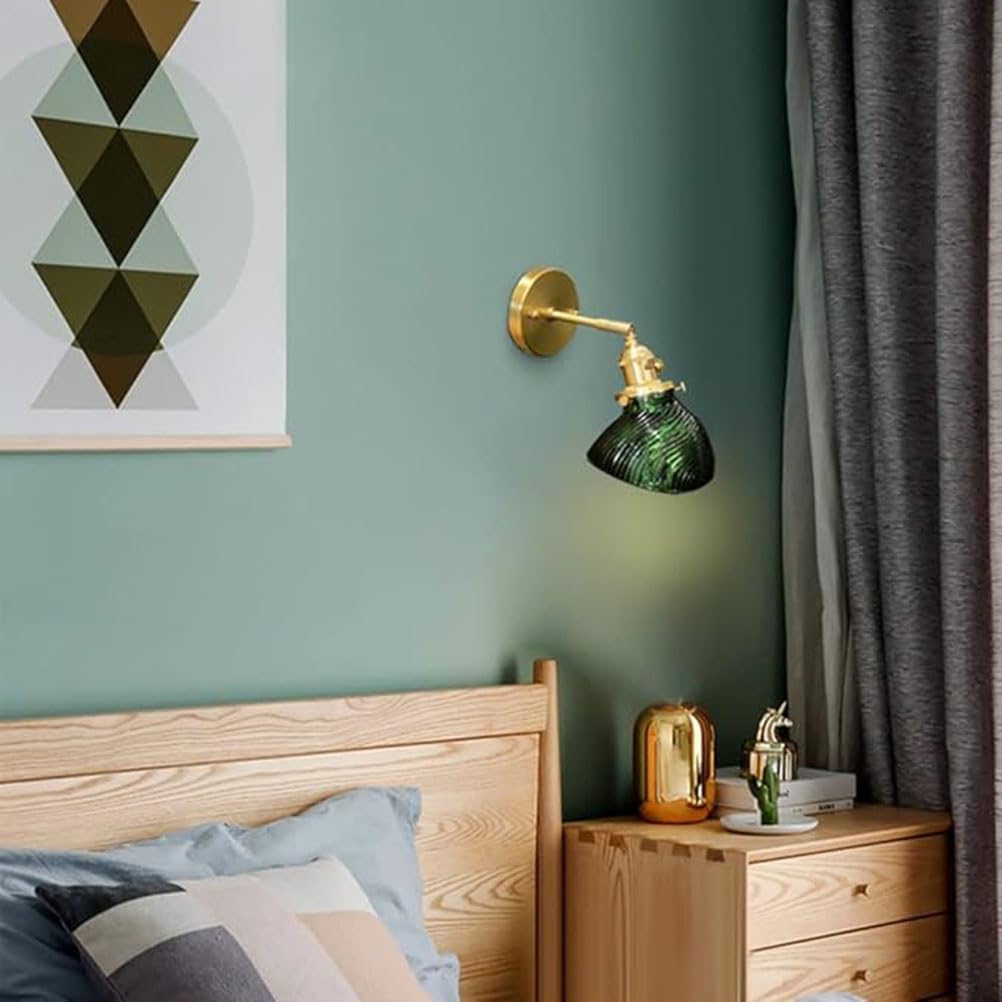 Mosiężna lampa ścienna z włącznikiem, lampka nocna, zielony klosz szklany, lampa ścienna E27 w stylu vintage, oświetlenie ścienne w stylu retro do sypialni, salonu, korytarza i schodów