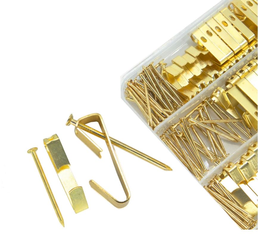 Image of 120pcs Picture Hanging Kit, 10lb, 20lb, 30lb, 50lb and 100lb Picture Hangers, Metal Picture Hanging Hooks Set with Nails, on Drywall, Wooden Wall Photo Frame, Mirror, Canvas, Wall Art (Gold)