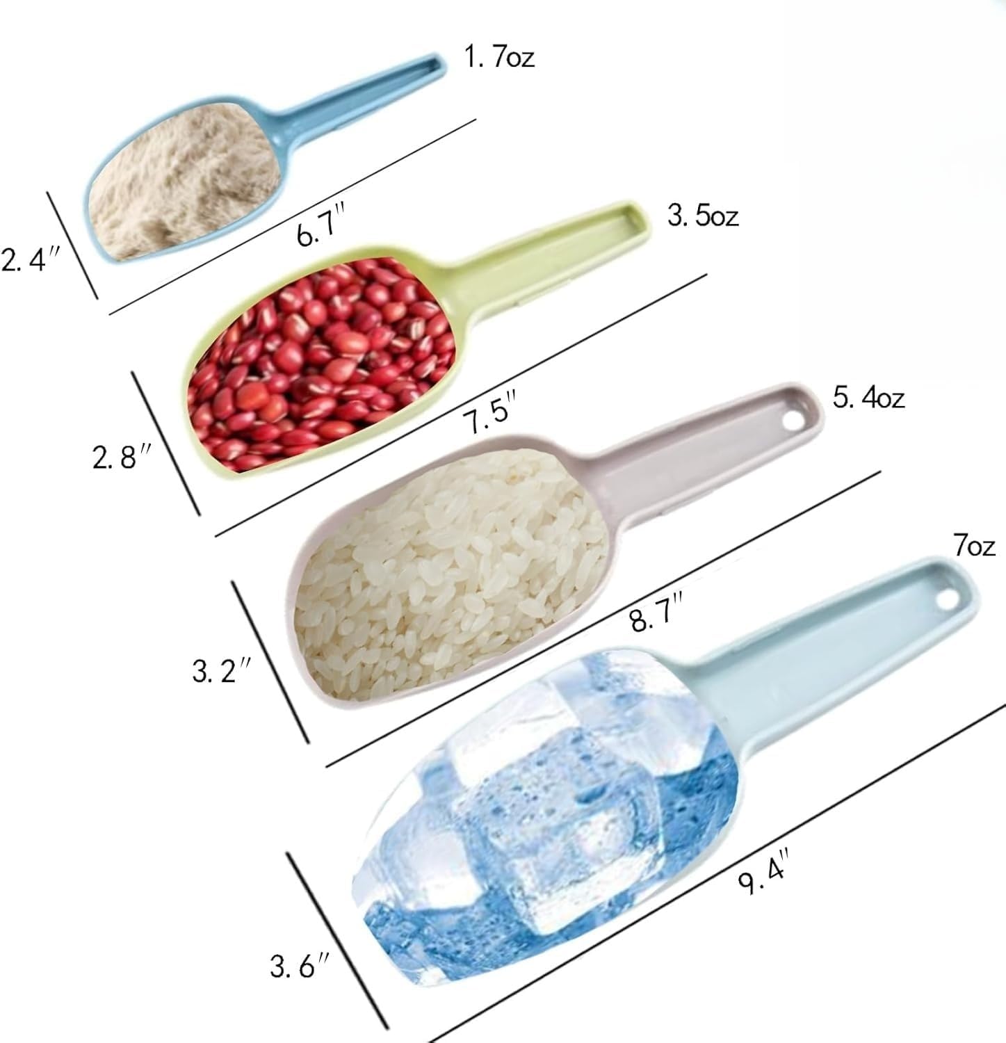 Ice Scoop Set of 4, Plastic Kitchen Scoops for Canisters, Flour, Dry Foods, Candy, Pop Corn, Coffee Beans and Pet Food