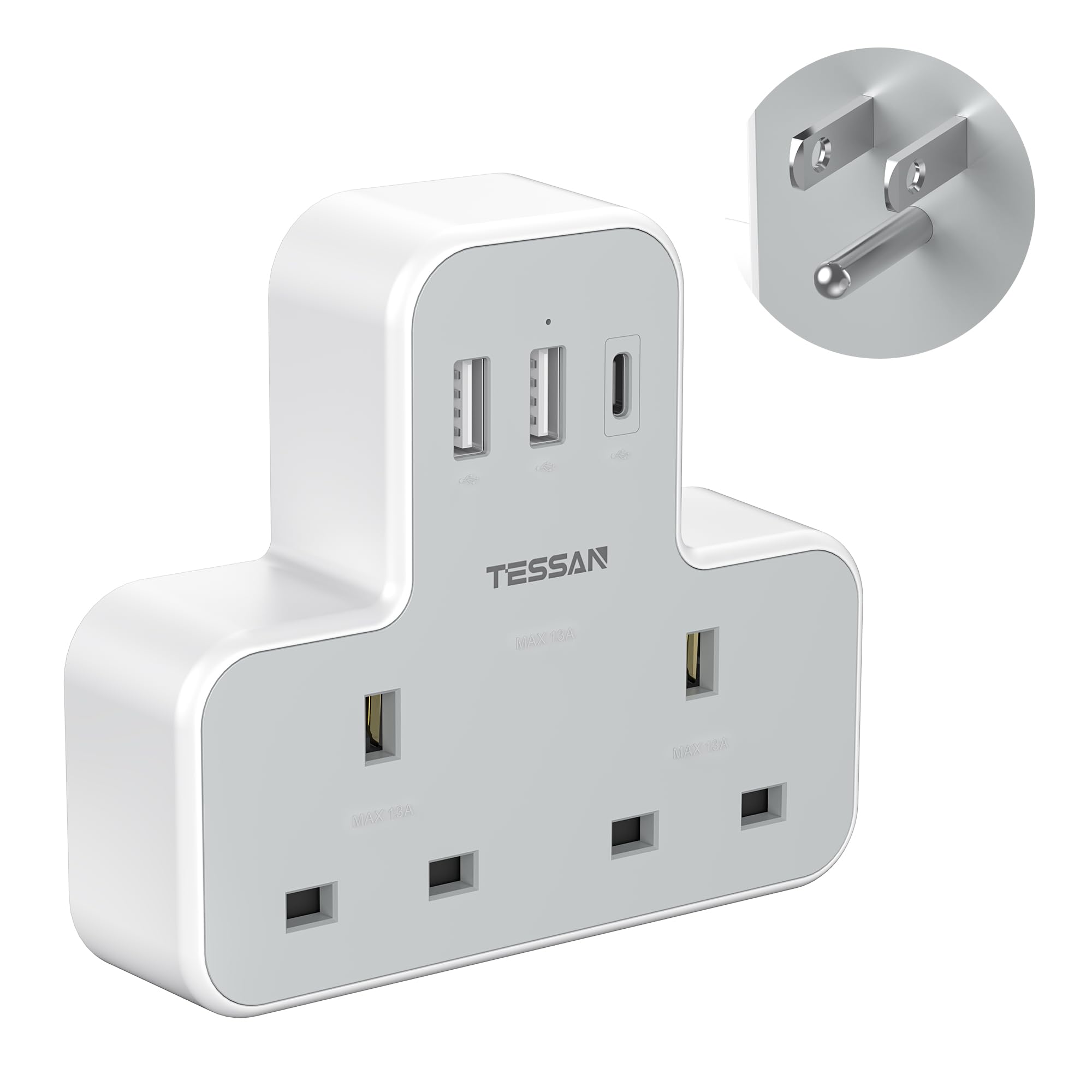 Tessan White/Gray 2 Way Uk To Us Plug Adaptor With 3 Usb Ports (1 Usb C)