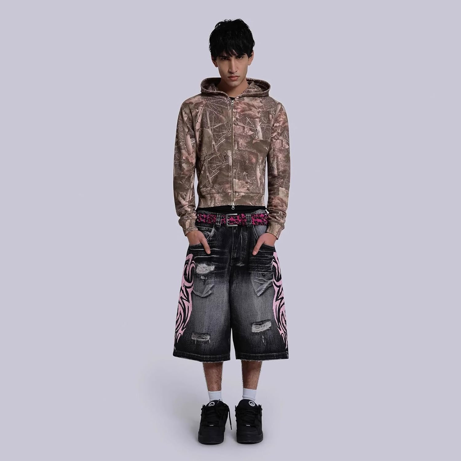 Y2k Denim Shorts Totem Print Ripped Wide Leg Loose Shorts Men's and Women's Hip-hop Gothic Pants