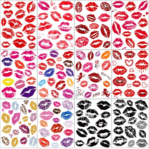 Image of 180 Pcs Large Size Valentine's Day Party Favors Kiss Lip Temporary Tattoos Stickers for Adult Women, 12 Sheets Bright Red Kiss Lip Print Fake Tattoos for Valentine's Day Costume Accessories