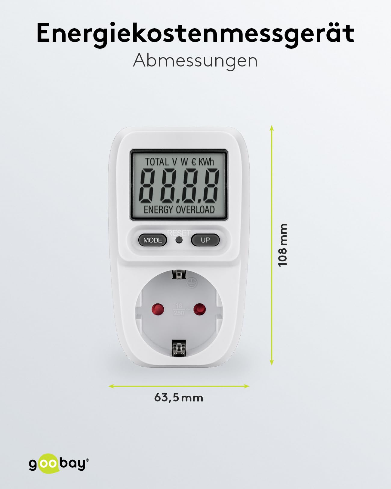 goobay Contatore elettrico per presa elettrica da balcone con 5 modalità di visualizzazione - Misuratore di corrente con indicatore dei costi di consumo - Misuratore di corrente - Campo di misurazione