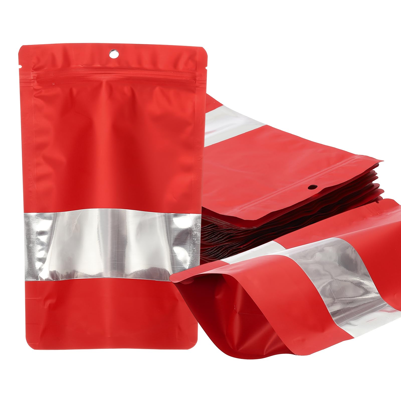 PATIKIL 7.87x11.81 in Stand Up Pouch Bags, 60 Pack Resealable Matte Metallic Aluminum Foil Bags Pouches with Clear Window and Zip for Food Storage Snack Packaging, Red