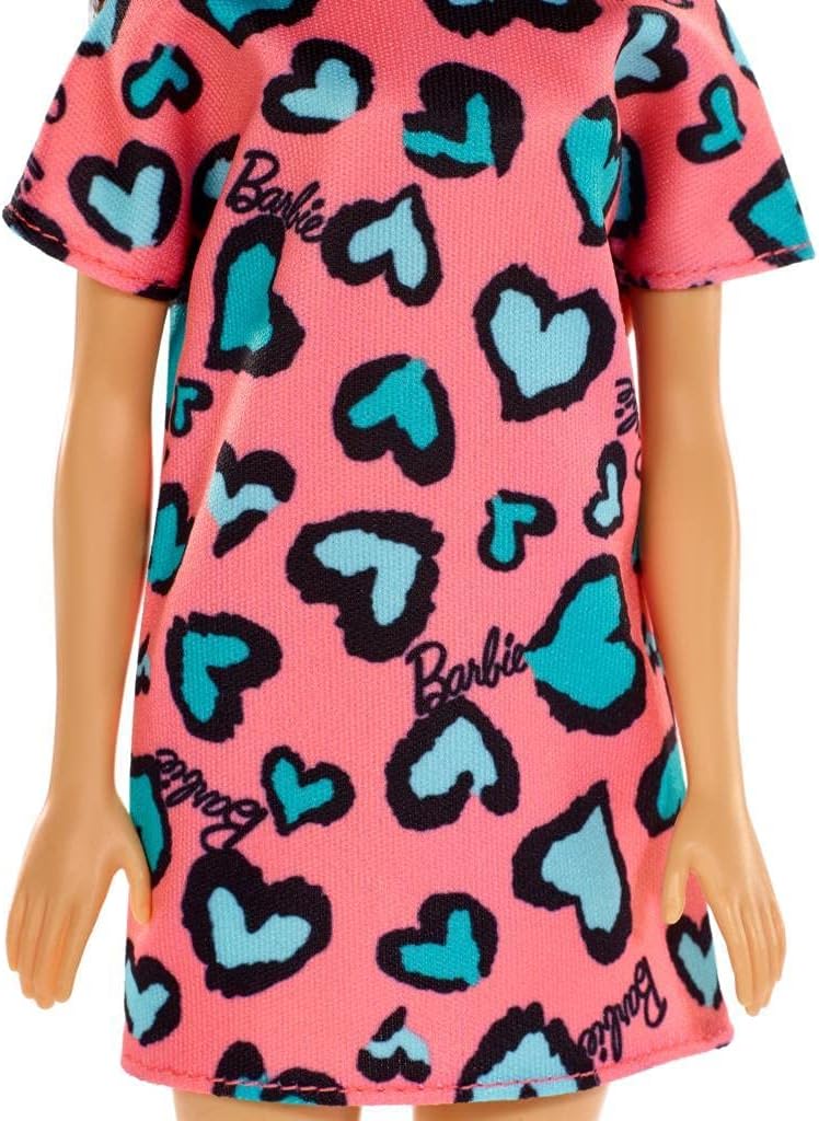 Barbie , Brunette, Wearing Pink and Blue Heart-Print Dress and Platform Sneakers, for 3 to 7 Year Olds (GHW46)
