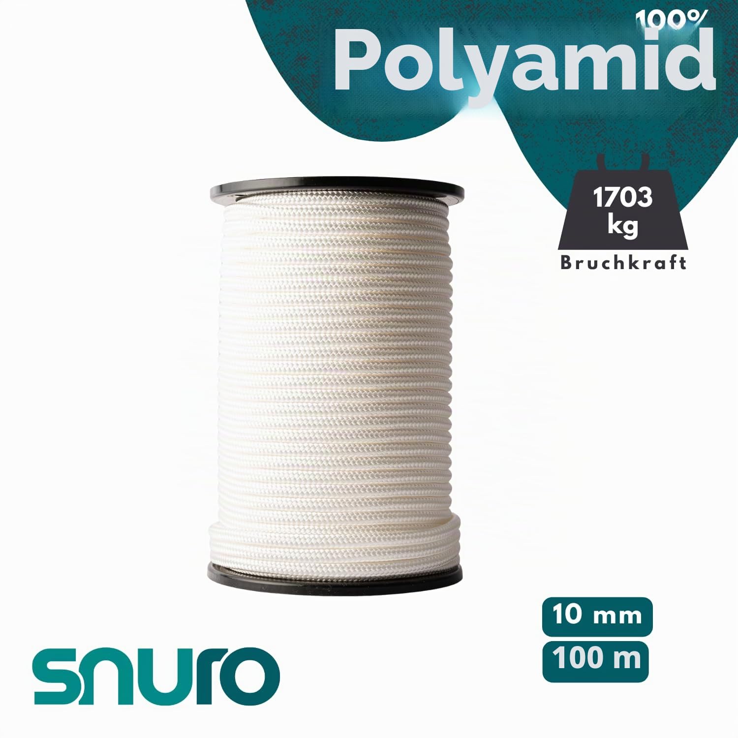 Nylon Seil (10mm, 100M, Weiß) - Dickes Paracord Schnurr aus robustem, geflochtenem Polyamid - Verschleißfest und stark - Bruchkraft 1703kg