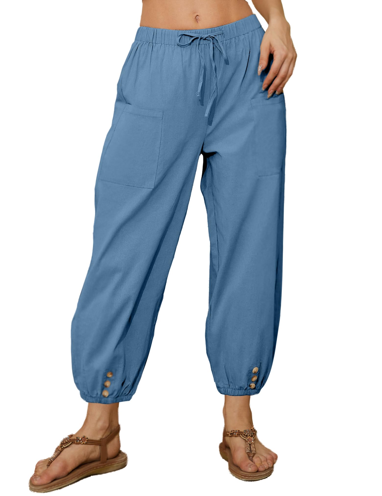 WROLEM Women Capri Pants Casual Drawstring Elastic High Waist Baggy Wide Leg Cropped Pants Trousers for Ladies Summer