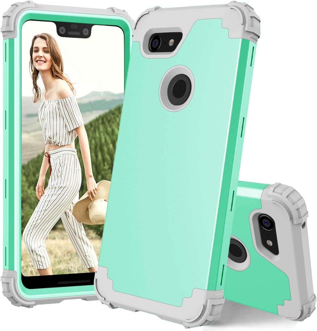 Phone Case for Google Pixel 3 XL Hard Cover Shockproof Soft Silicone Bumper Hybrid Three Layer Defender Heavy Duty Protective Wireless Charging Cell Accessories Pixel3 3XL Cases Women Girl Green