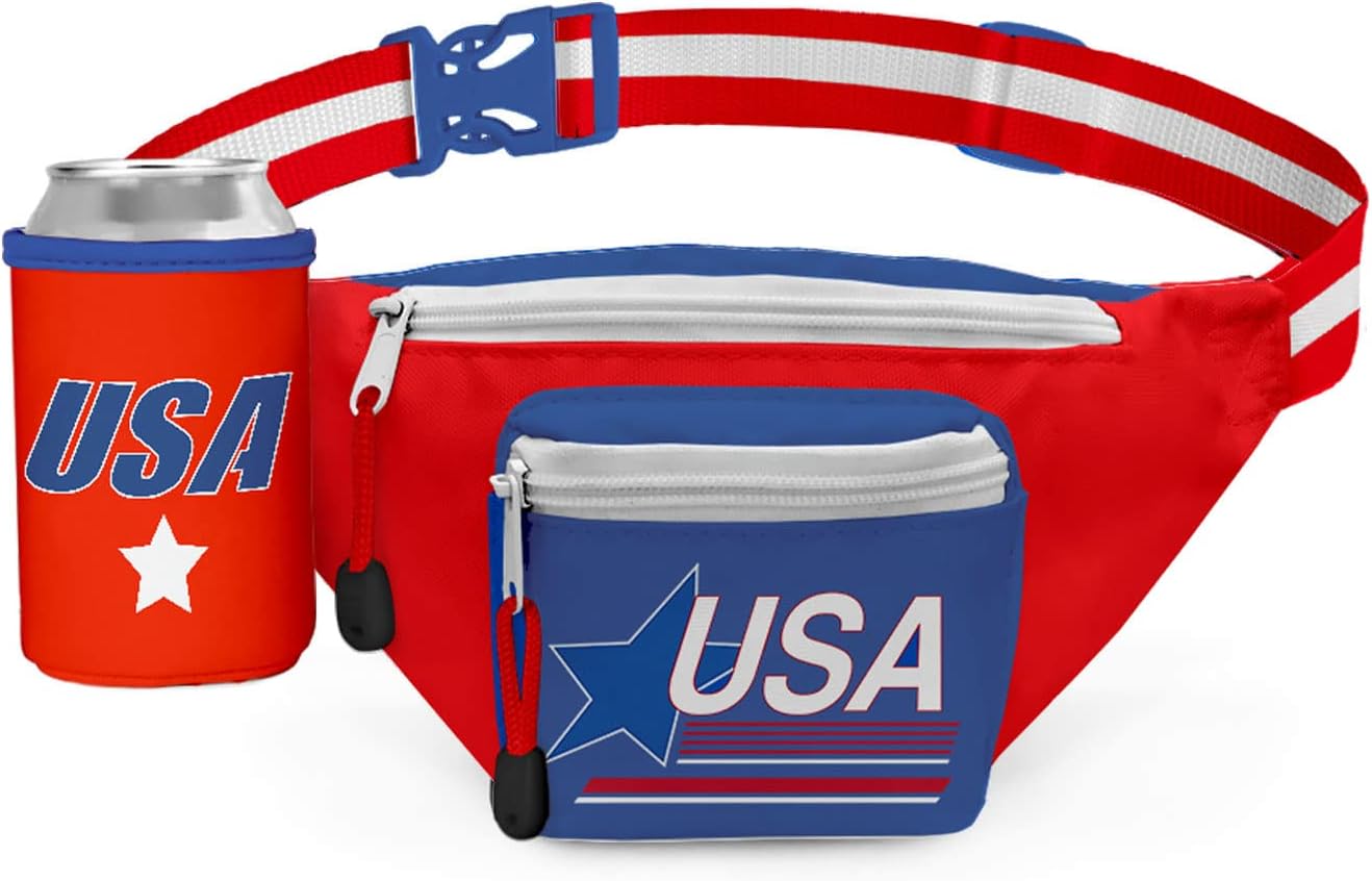 American Flag Fanny Packs with Drink Holder - USA Fanny Pack for 4th of July BBQ, Pool Party and Events