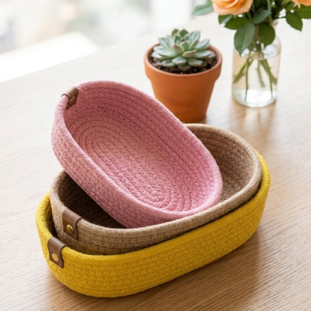 Small Round Cotton Rope Storage Basket, Hand-Woven, Foldable Organiser Bin for Toys, Clothes, small Towel, Living Room, Bathroom (26 cm x 13 cm x 6 cm - 3 psc - Pink, Beige, Yellow)-image-4