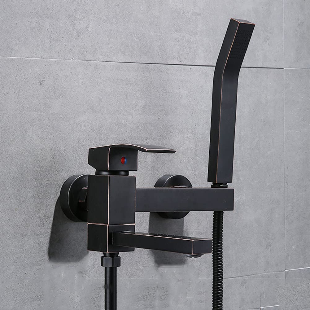 Moderno grifo de bañera montado en la pared con ducha de mano, grifo mezclador de latón, manguera de 150 cm, elegante acabado negro, ideal para mejorar el baño y experiencia de lujo de spa.