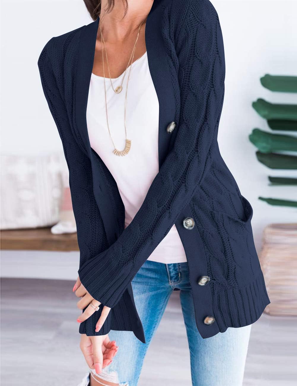 MEROKEETY Women's 2025 Fall Long Sleeve Cable Knit Sweater Open Front Cardigan Button Loose Outerwear - Image 3