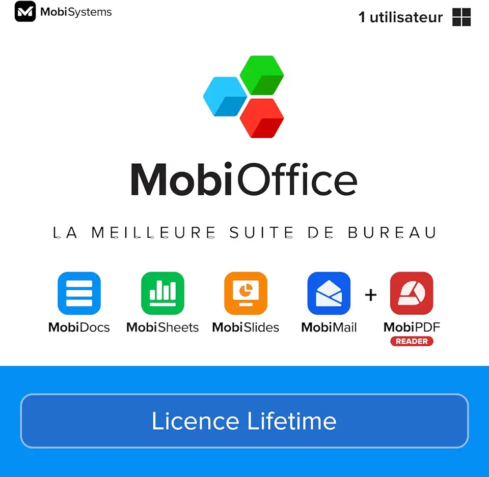 Suite de bureau 4 en 1 MobiOffice Lifetime pour Windows | Licence Lifetime | Traitement de texte, feuilles de calcul, présentations, messagerie + lecteur PDF gratuit
