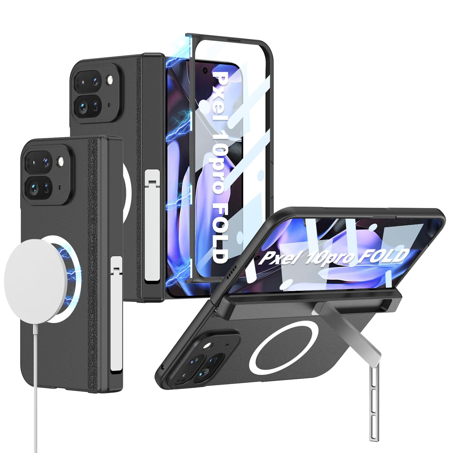 Google Pixel 10 Pro Fold 専用 ケース MagSafe対応 ヒンジ保護 ピクセル10 pro fold カバー OURJOY スマホケース ガラスフィルム付き 高感度 全面保護 スタンド付き カメラレンズ保護 ワイヤレス充電 ストラップホール付き 耐衝撃 おしゃれ・ブラック