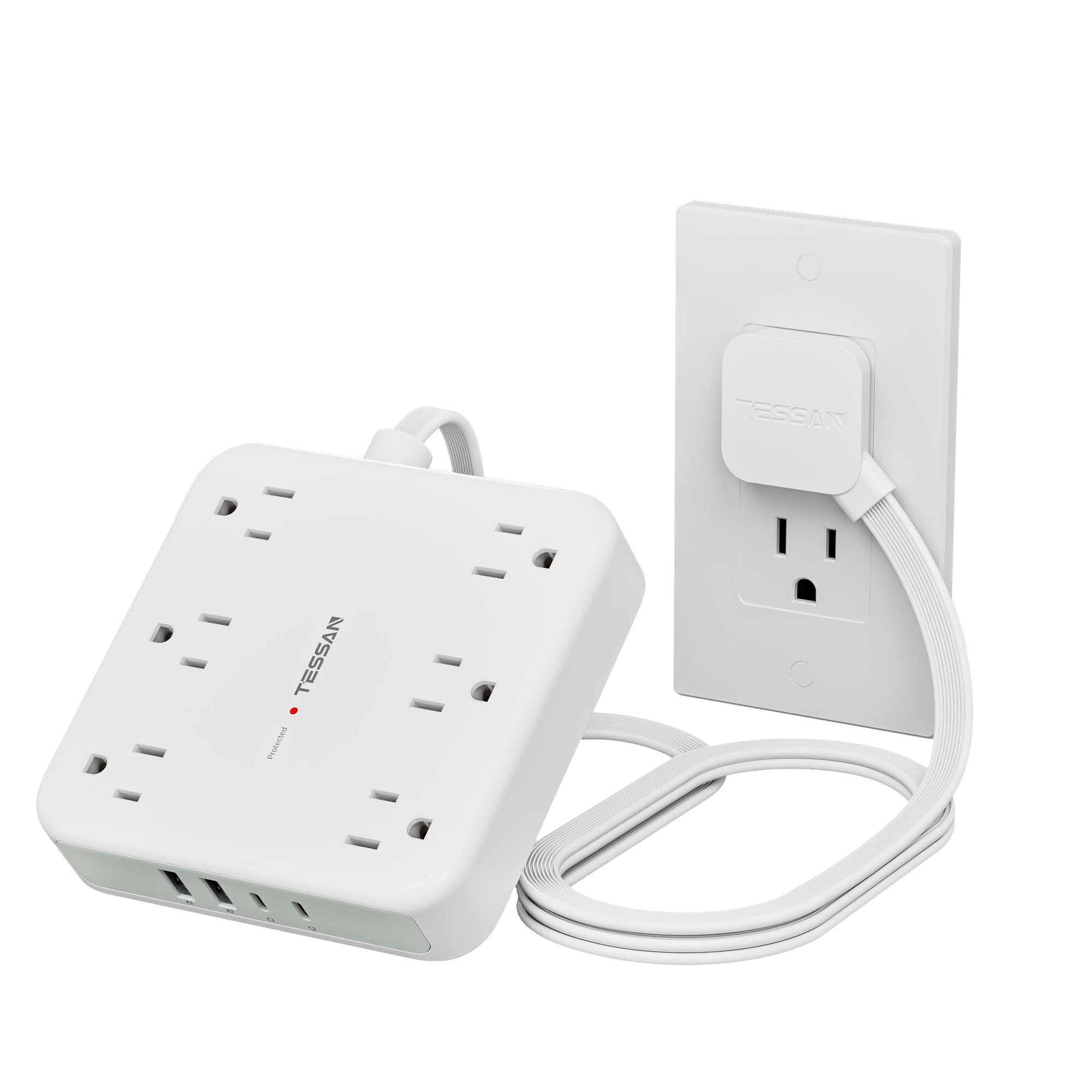 Flat Plug Extension Cord Indoor, TESSAN Surge Protector Power Bar with 4 USB (2 USB C), Power Strip with 6 Multi Plug Outlets, 1250W, Charging Station Wall Mount for Dorm Room Home image 5
