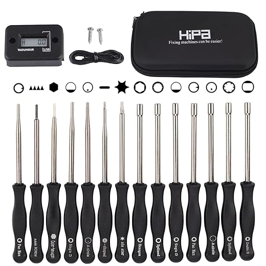 HIPA Pack-of-14 Carburetor Adjustment Tool + RPM Tachometer Hour Meter for 2-Cycle Small Engine, Compatible with Poulan STHIL Echo Ryobi Troy Bilt Trimmer Leaf Blower Weedeater Chainsaw