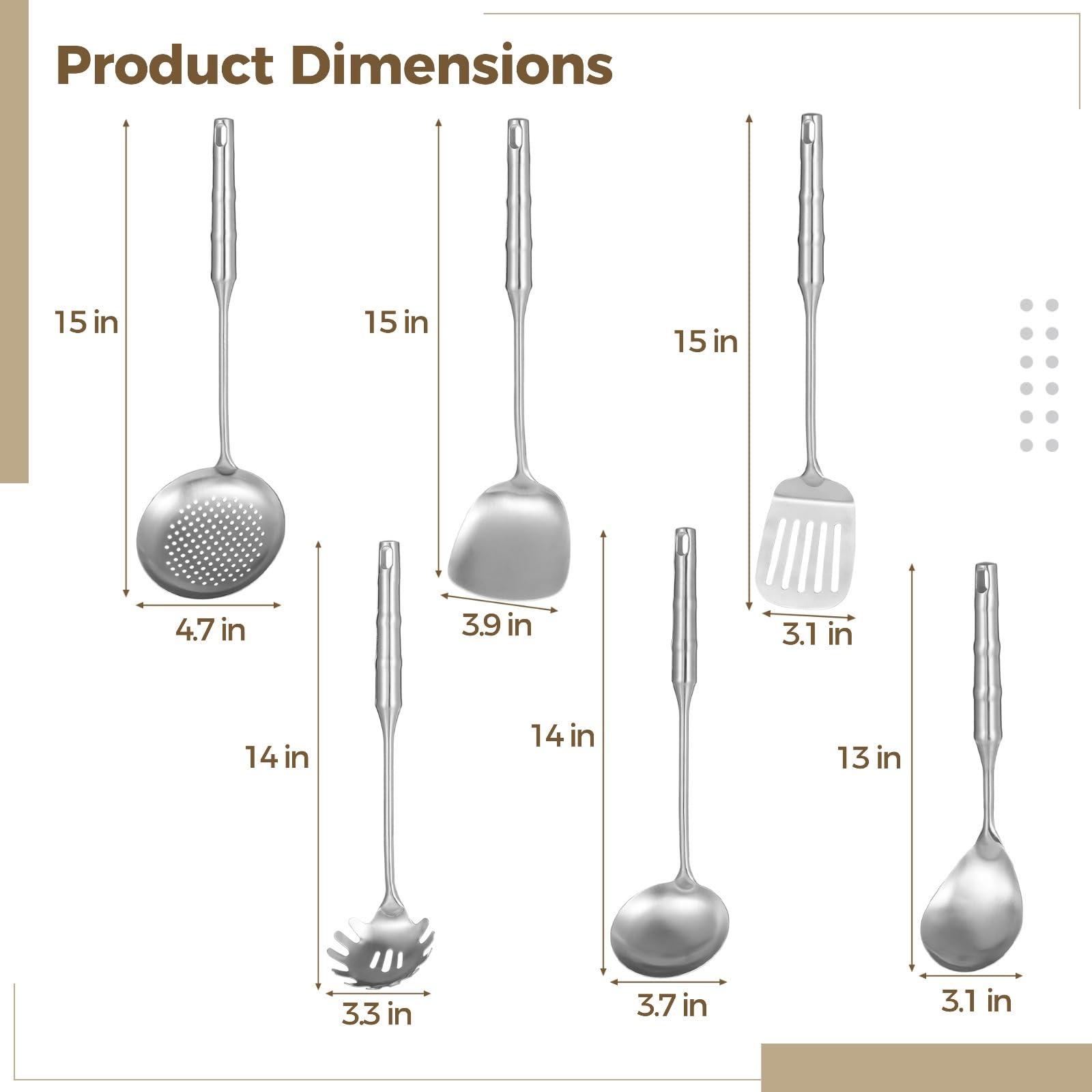 Kochutensilien-Set, 6 Stück, Edelstahl, Metall, Küchenutensilien, Suppenkelle, Schlitzspatel, Schaumlöffel, Spaghettiheber, hängendes Kochgeschirr für Zuhause