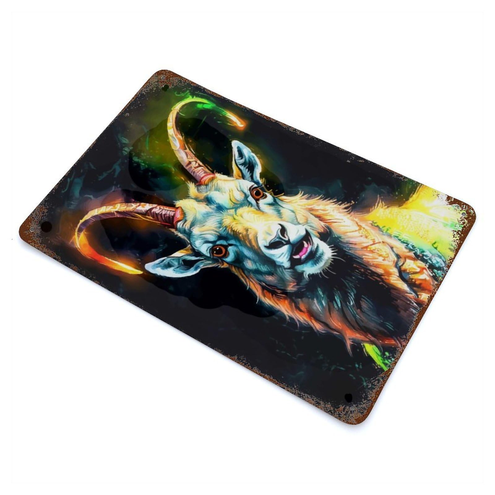 Vibrant Goat Portrait Rusty Metal Tin Sign 11.8"x7.9", Ideal for Shed, Workshop And Garage Wall Decor