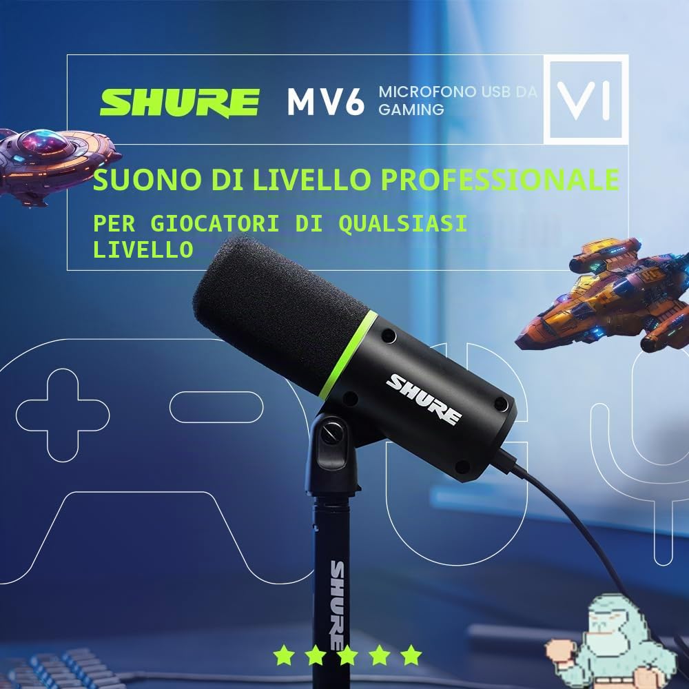 Shure MV6 Microfono da Gioco USB, USB-C, Microfono Dinamico, Auto Level Mode, Popper Stopper Digitale, per Giocatori PC e Streamer