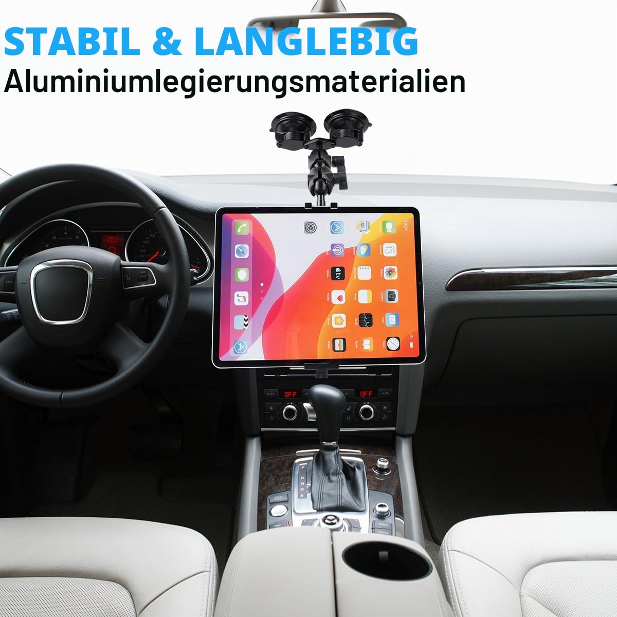 Aluminium-Tablet-Halterung für alle iPads, 360° verstellbar, sichere Doppel-Saugnapfhalterung für Auto, LKW, Windschutzscheibe, Sonnendach, kompatibel mit iPad Pro 12,9 Mini Air, Galaxy Tabs und