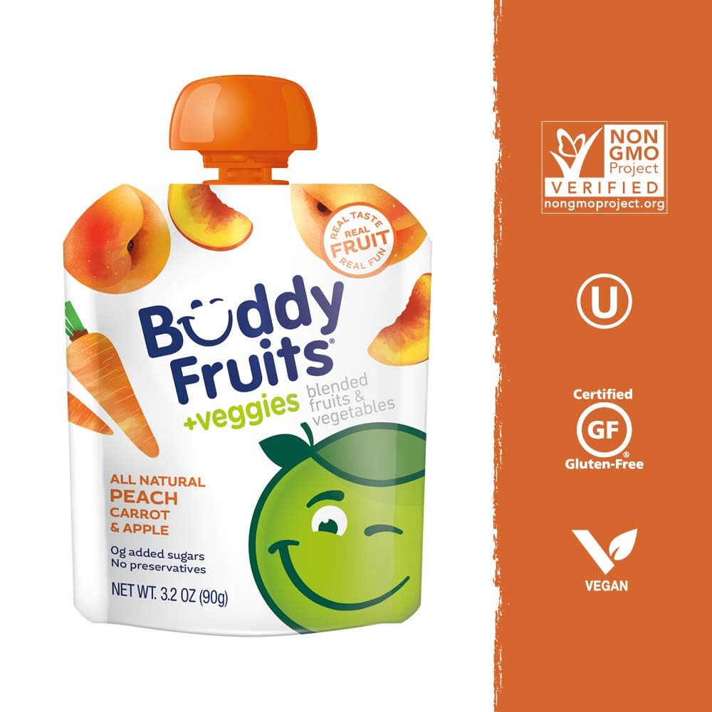 Buddy Fruits & Veggies Snacks To Go Peach Carrot Unsweetened Applesauce 3.2oz Pouch (18pk) Gluten-Nut-Dairy-Preservatives-BPA Free, Non GMO, Kosher