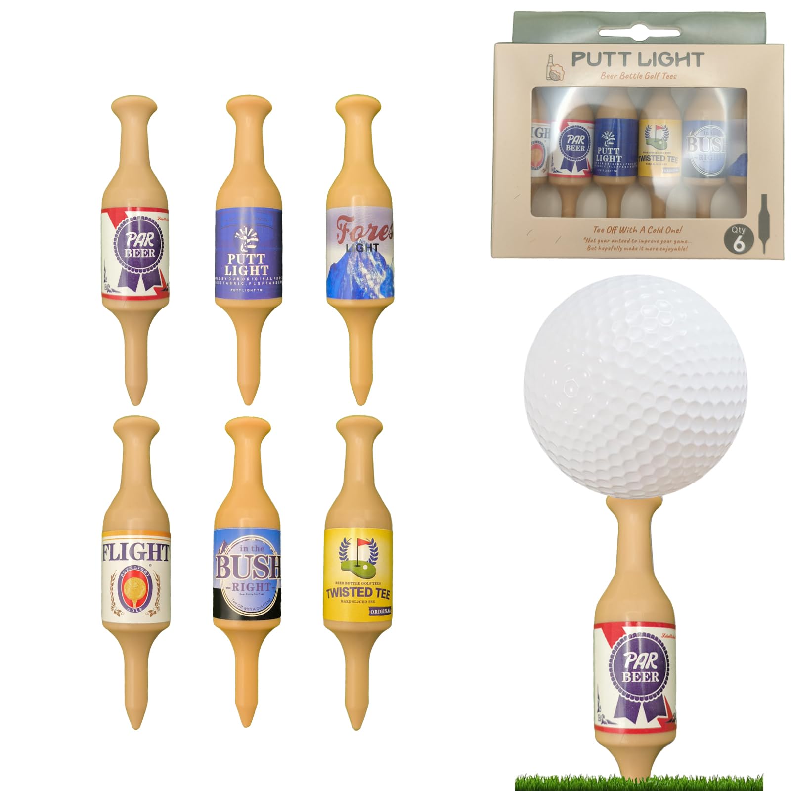Quixotical 6 Pack Beer Bottle Golf Tees, Funny Golf Tees Beer Bottle, Durable and Recyclable Plastic Golf Tee, for Men, Father, Golfers Golf Tees 3.54" Tall (Light Brown)