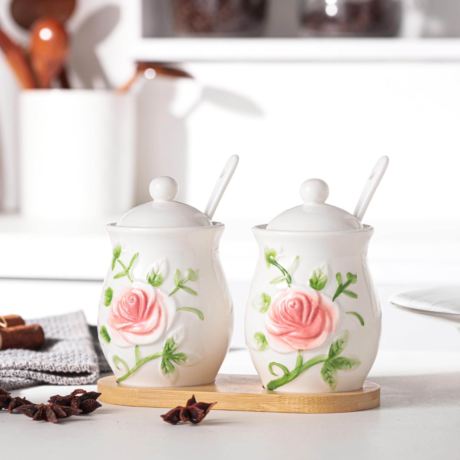 - Hand Drawn Relief ceramics Ceramic Sugar Bowl 2 Pack, PorcelainJar with Tray, Spoon and Lid for Sugar, Pepper, Coffee, Spice, Salt, 8 Ounces (Hand Drawn Relief)