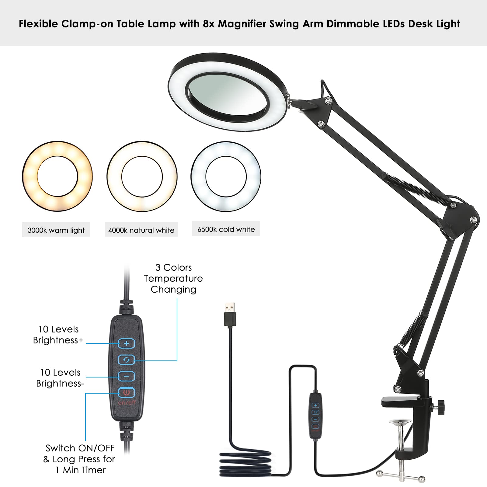 Neoglint Lupe mit Licht,Lupenlampe 8-fache Lupe,64 Dimmbare LED,12W 1200LM,3 Farbmodi,10 Helligkeitsstufen,Schwenkarm und Klemme,Lupe mit Licht und Ständer Kosmetiklampe Led Lupenleuchte-Klein Schwarz