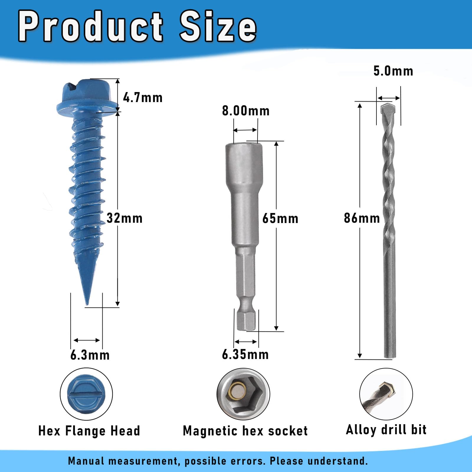 OywhC 50Pcs Masonry Concrete Screws 6.3mm x 32mm with Hexagon Socket Bit & Drill Bit, Special Blue Coating - Image 2