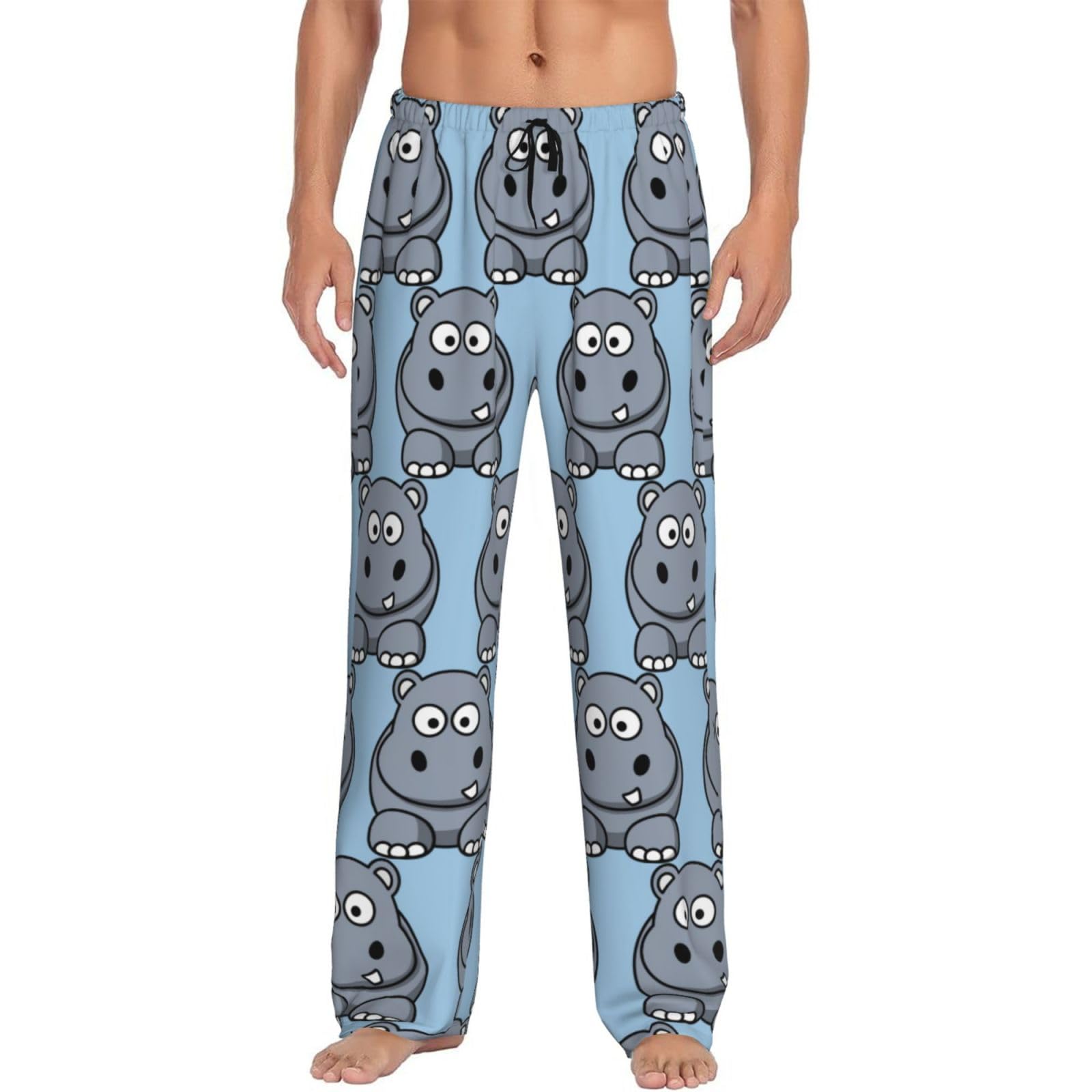 Kapptyy Men's Black Cartoon Hippo Pj Pajama Pants Bottoms Lounge Sleepwear Pjs With Pockets And Drawstring