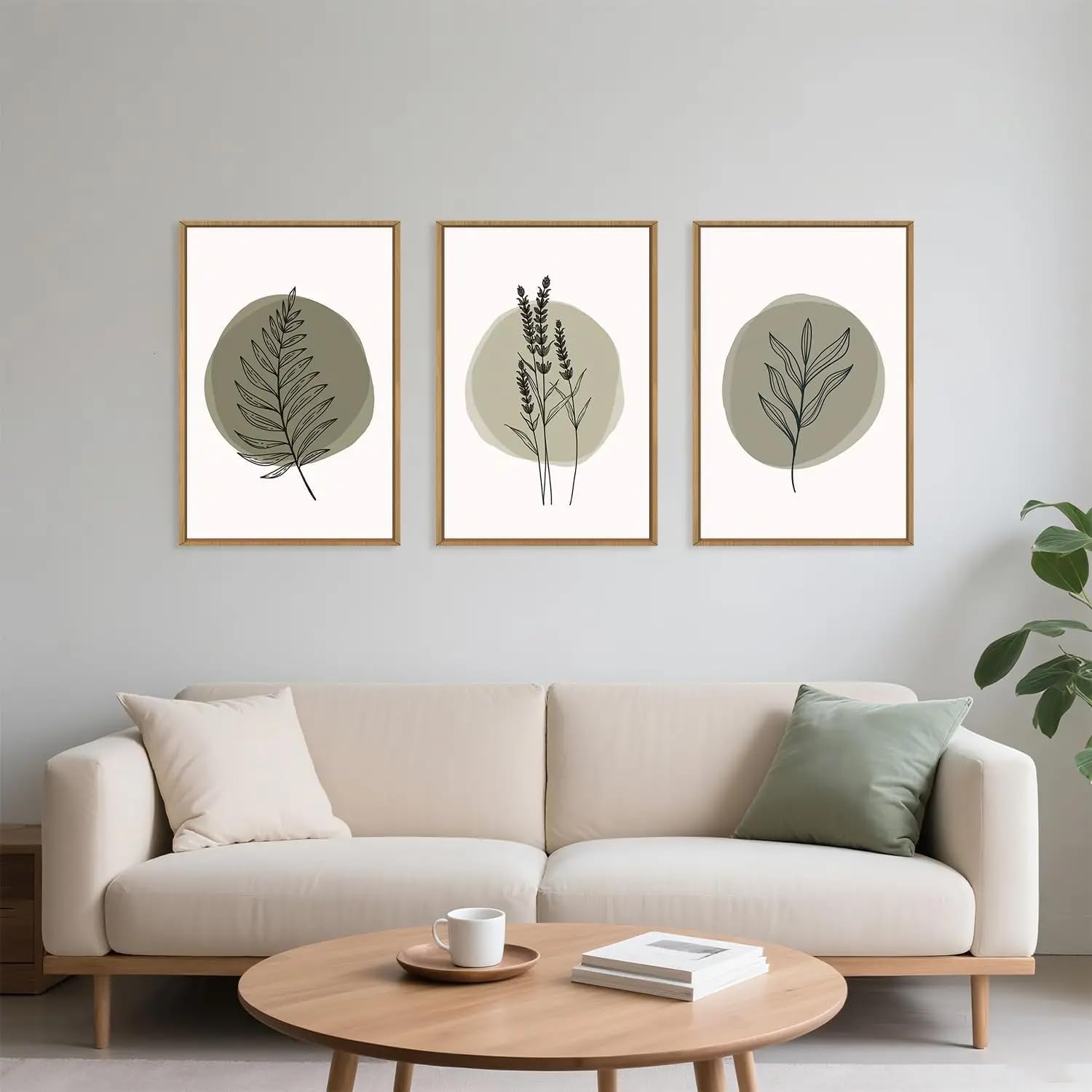 LTjiajuypd Leinwandposter mit salbeigrünem Blattmotiv, minimalistisches Wandbild im Bohème-Stil für Wohnzimmer und Zuhause (60 x 85 cm - 3-teilig)