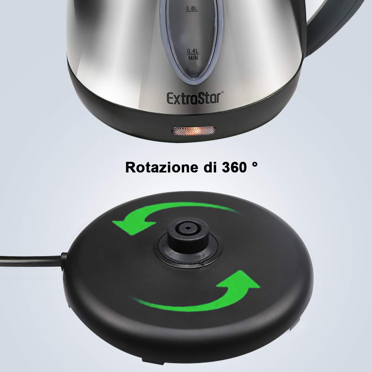 EXTRASTAR Bollitore Elettrico 1,2L 1630W Acciaio Inossidabile,Spegnimento automatico, Base di rotazione a 360°, Protezione Boil-dry, BPA Assente, Design esclusivo bollitore. (Acciaio Inox, 1.2L）