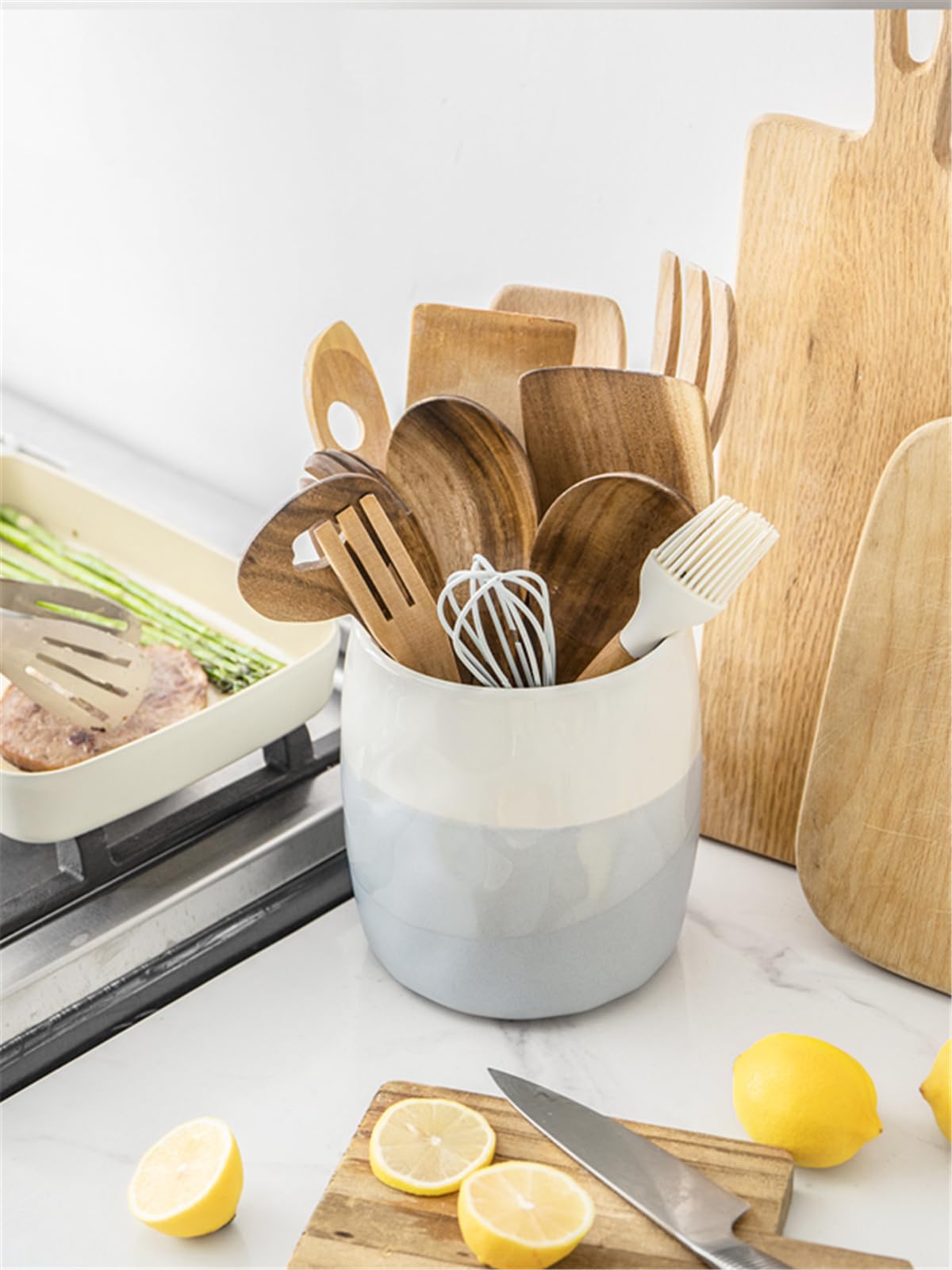 Porte-ustensiles De Cuisine En Céramique - Design Rétro - Dimensions 12,5 X 14,5 Cm - Pour Cuillères, Fouets, Spatules - Stable Et Multifonction - 4