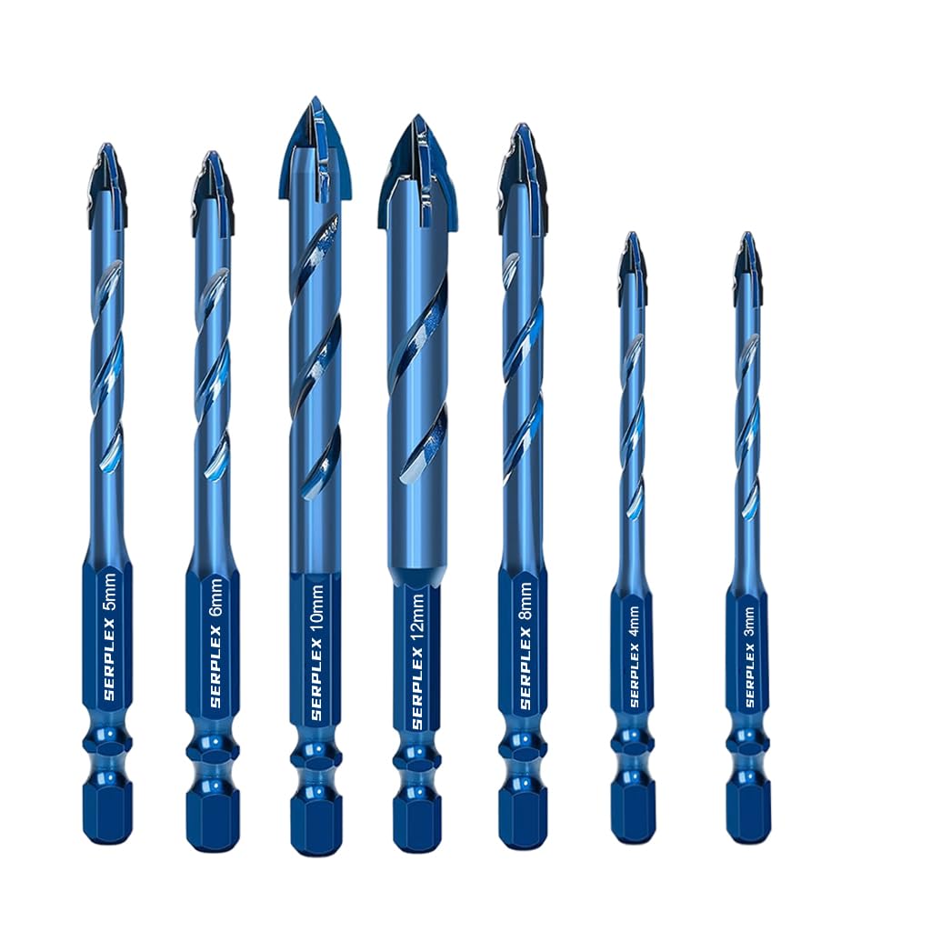 Serplex® 7Pcs Masonry Drill Bit Set with Industrial Strength Tungsten Steel Carbide Tips, 3/4/5/6/8/10/12mm Hexagonal Handle Drilling Bits for Wood, Glass, Tile, Metal (up to 3mm), and Plastic