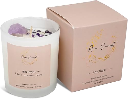 Vela de cristal curativo vela perfumada infundida con cristales de cuarzo transparente de lazurita aroma a océano ámbar energía positiva bienestar disponible en Yaxa Colombia