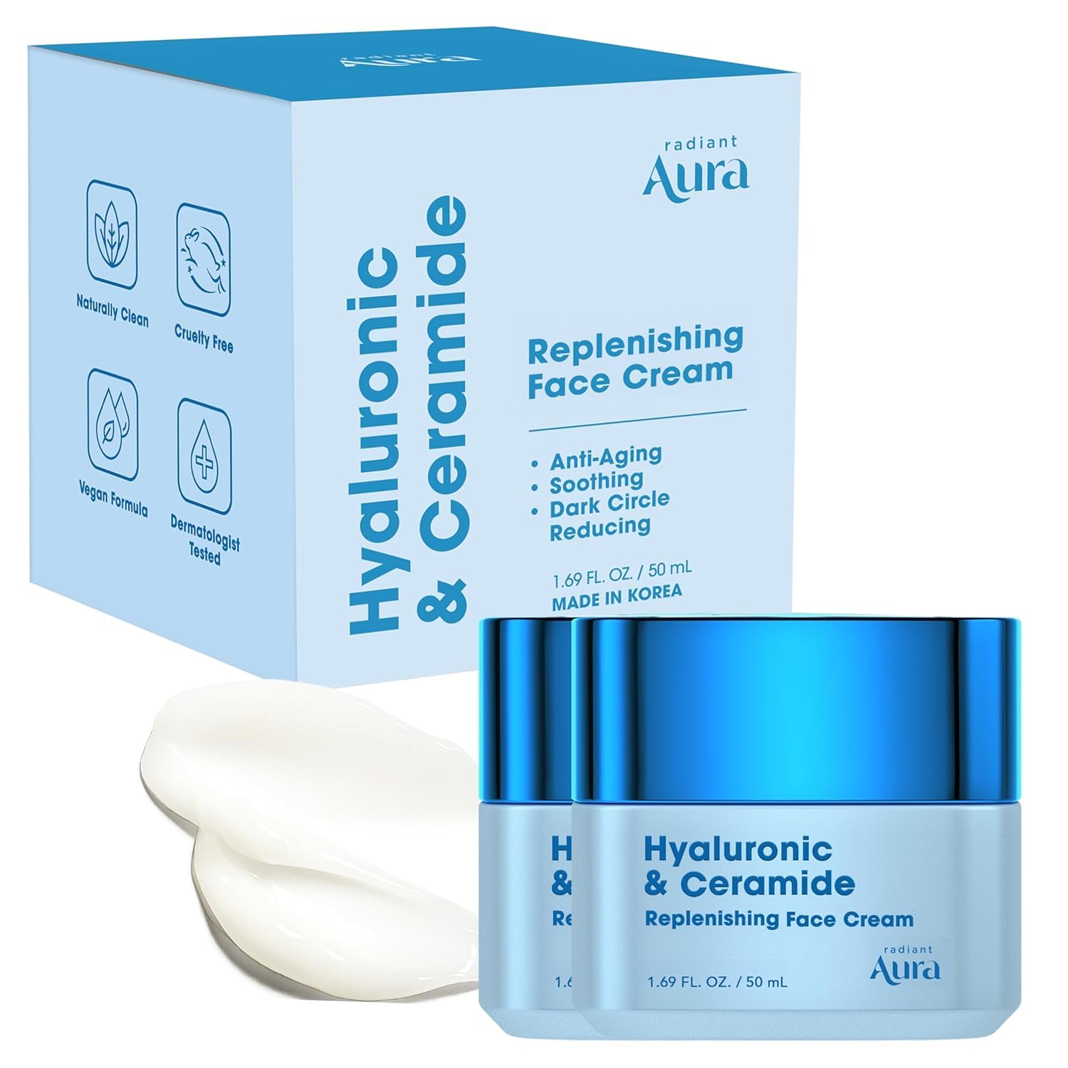 Hyaluronic Acid & Ceramide Face Moisturizer – Dermatologist Tested, Anti Aging, Korean Skin Care – Hydrating Face Cream, Softens Wrinkles, Non Greasy Feel – Vegan, Clean – 1.69 Fl. Oz