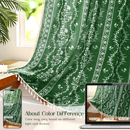 Image of Yinhua Boho Curtains for Living Room 84 Inch Length Vintage Linen Curtains for Bedroom Light Filtering Floral Window Curtain Rod Pocket & Back Tabs Rustic Tassel Drapes with Tiebacks, Olive Green