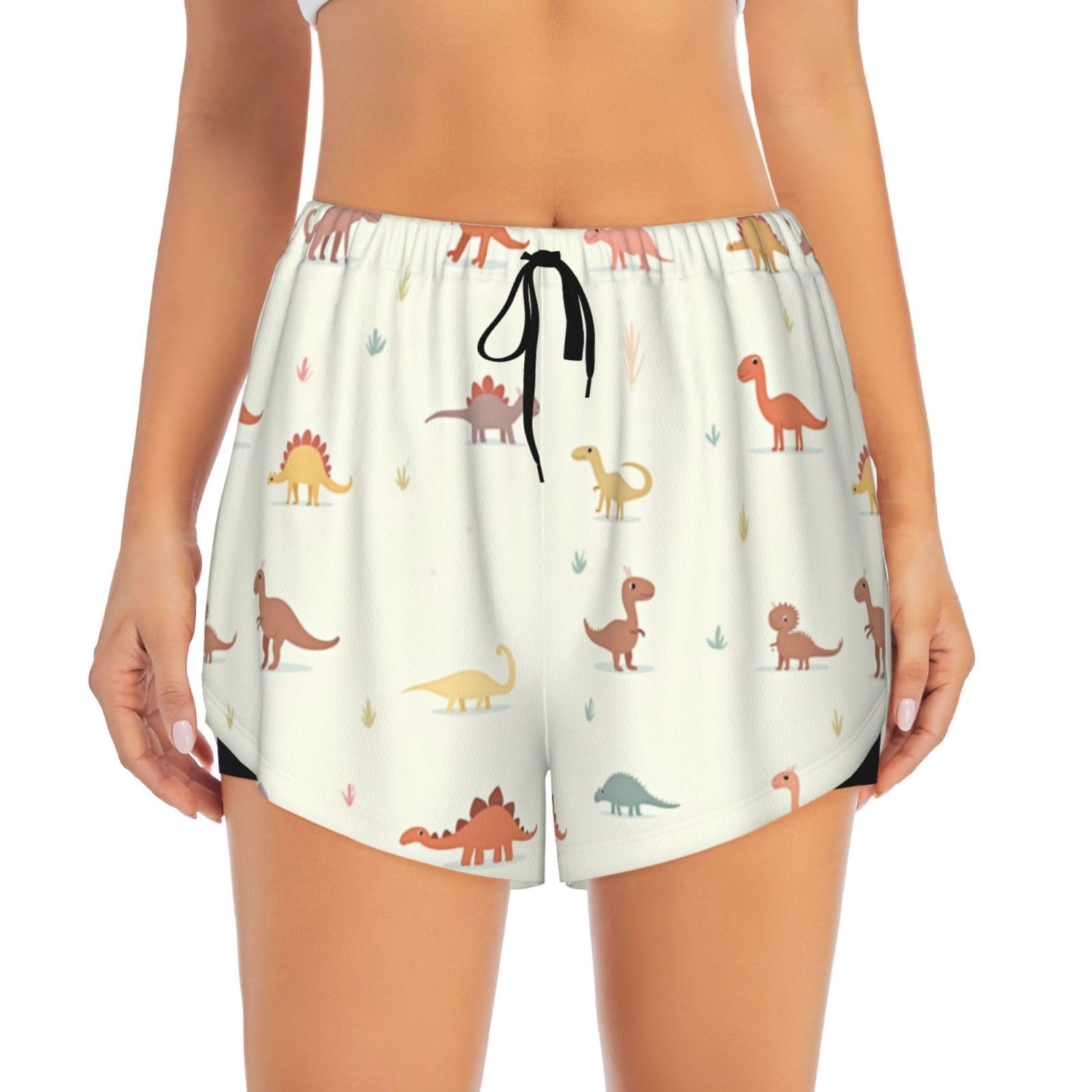 Jxwcher Women's Black 2 In 1 Running Shorts, Cute Dinosaurs Print High Waisted Athletic Gym Workout Shorts With Pocket, M